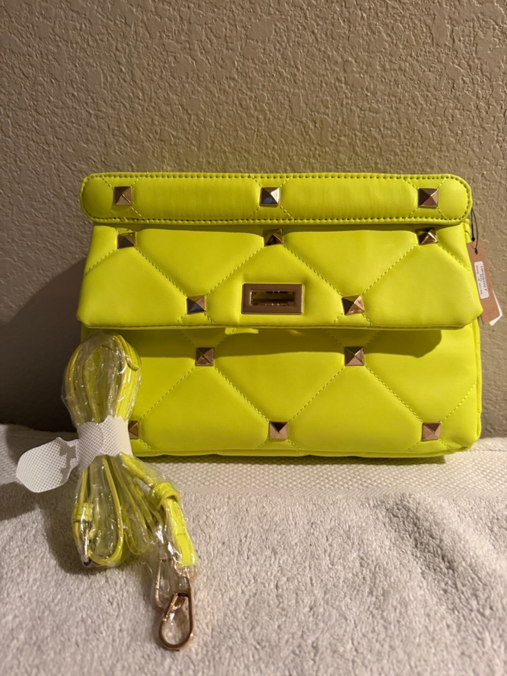 Neon Yellow Quilted Studded Shoulder Bag by Hello 3am